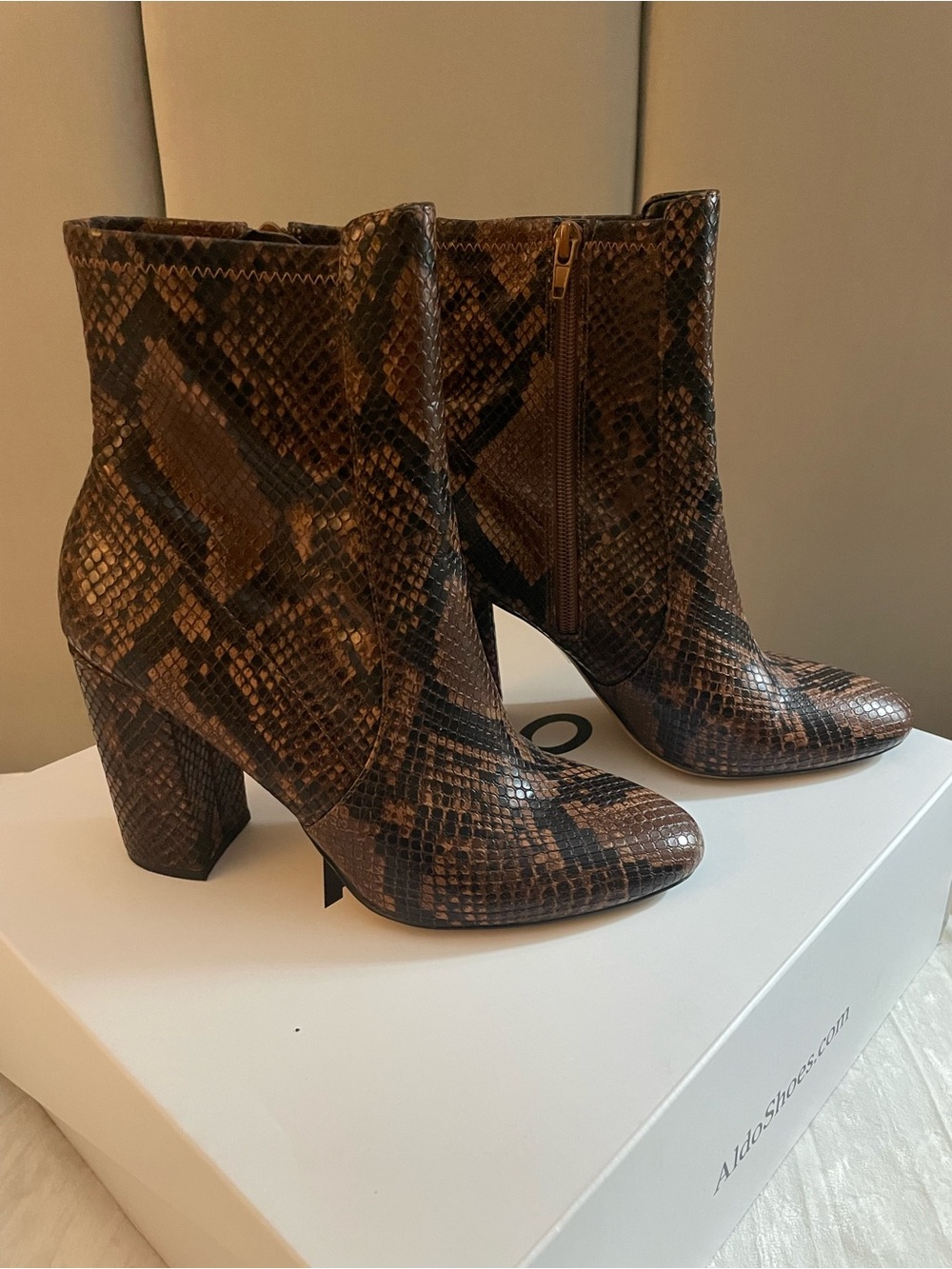 Aldo Brown Snake-Print Block Heel Booties